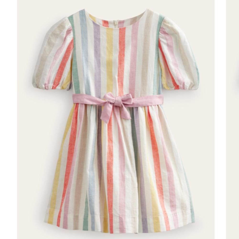 Mini Boden Pastel Rainbow Stripe Dress with Pink Sash